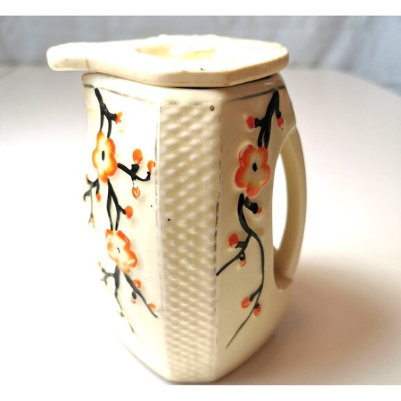 Vtg  60s Japanese Tea Caddy Jar Lidded Octagon Cream Cherry Blossom Sunburst - Picture 1 of 10